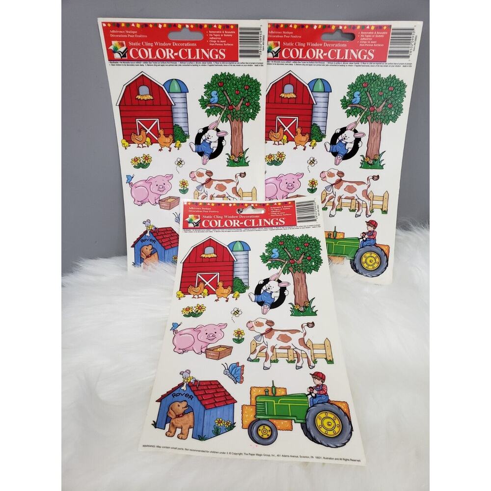 Vintage 3 Lot Farm Animals Removable‎ Reusable Window Clings Decals Sticker